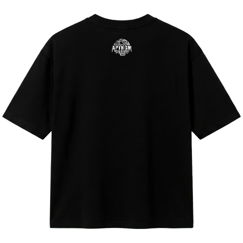 Black t-shirt with a logo on the back against a white background