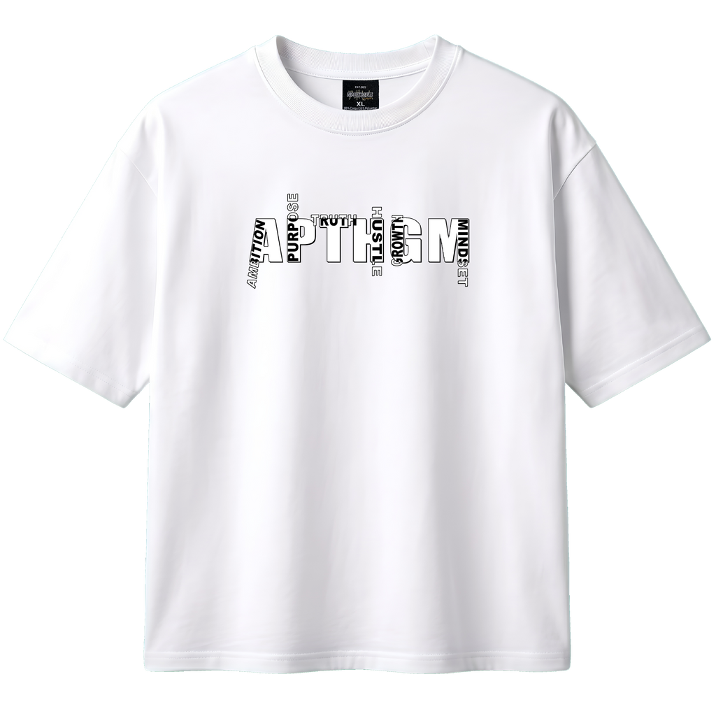 White t-shirt with black text design on a white background