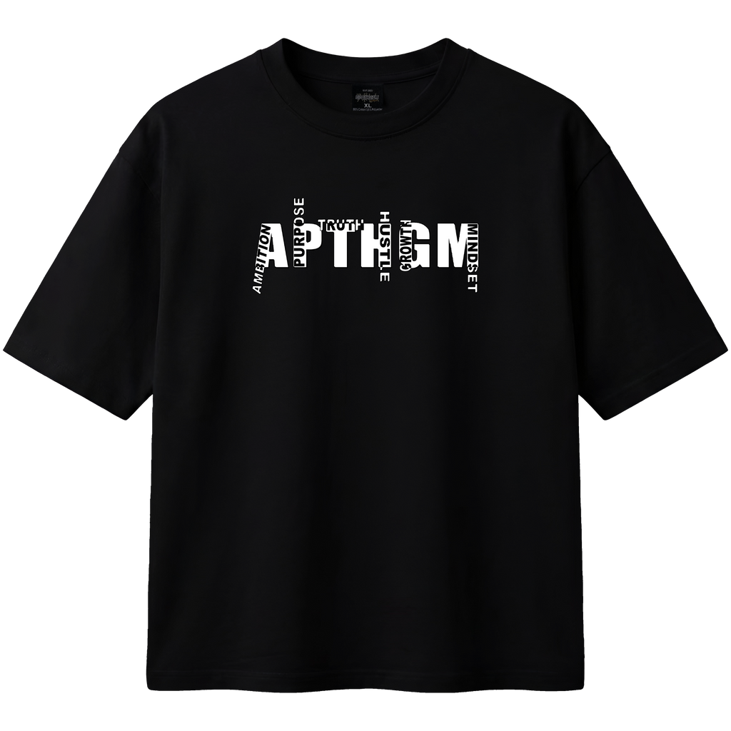 Black t-shirt with white text design on a white background