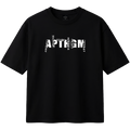 Black t-shirt with white text design on a white background