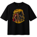 Black t-shirt with Alexander the Great graphic design on a white background