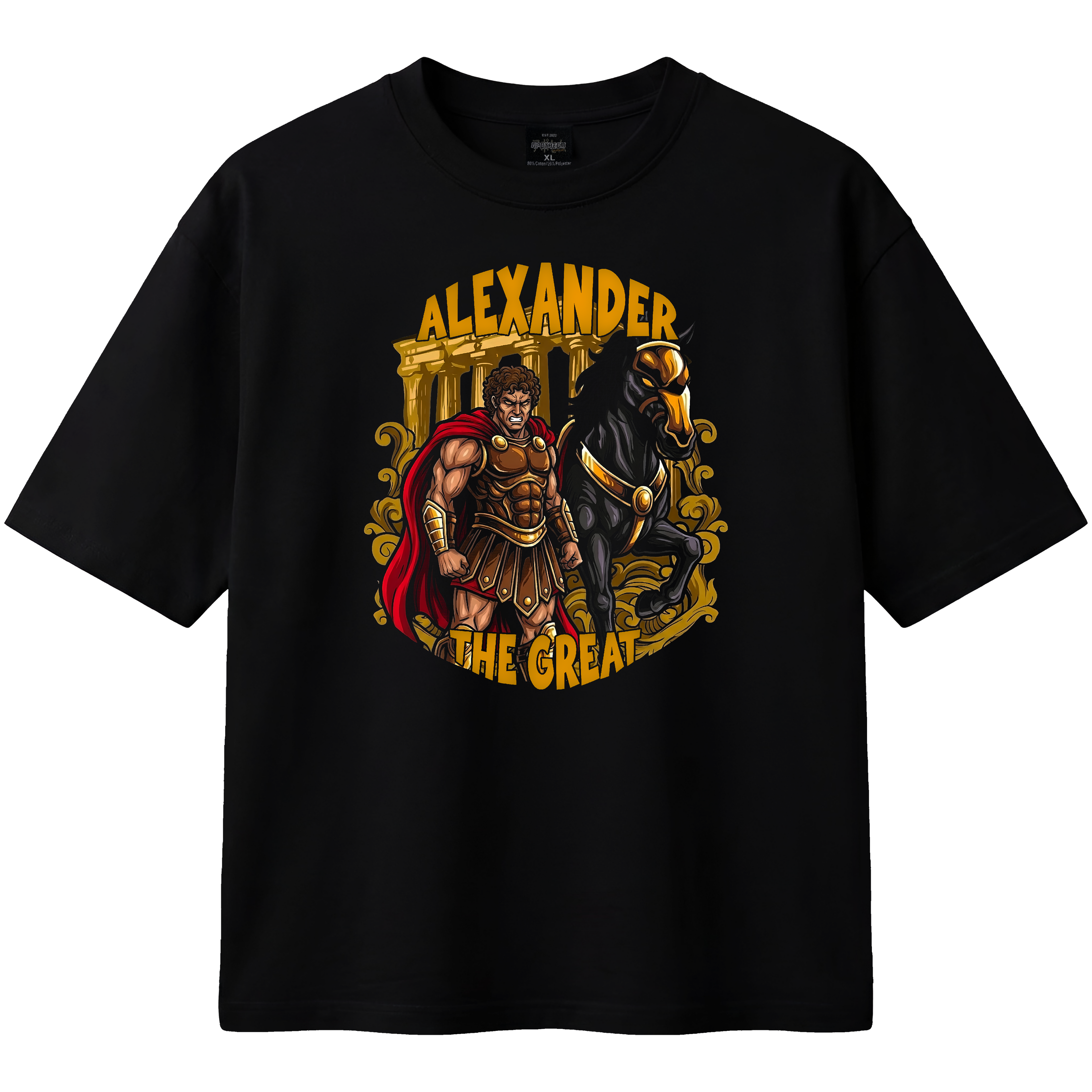 Black t-shirt with Alexander the Great graphic design on a white background