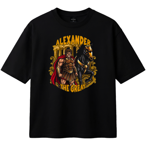 Black t-shirt with Alexander the Great graphic design on a white background