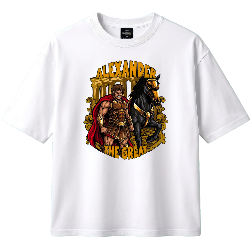 White t-shirt with Alexander the Great graphic design on a white background