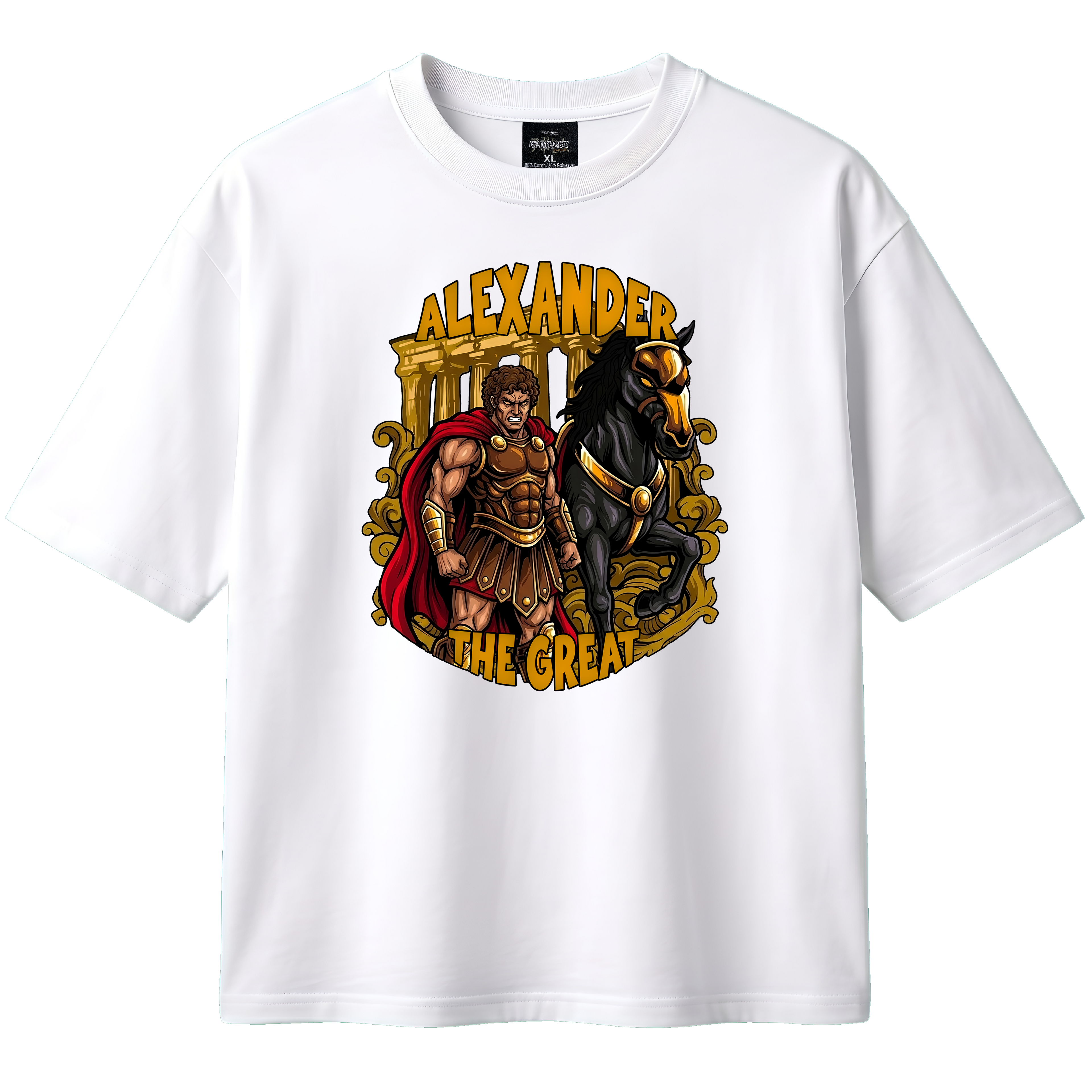 White t-shirt with Alexander the Great graphic design on a white background