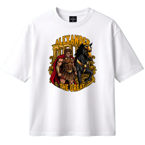 White t-shirt with Alexander the Great graphic design on a white background