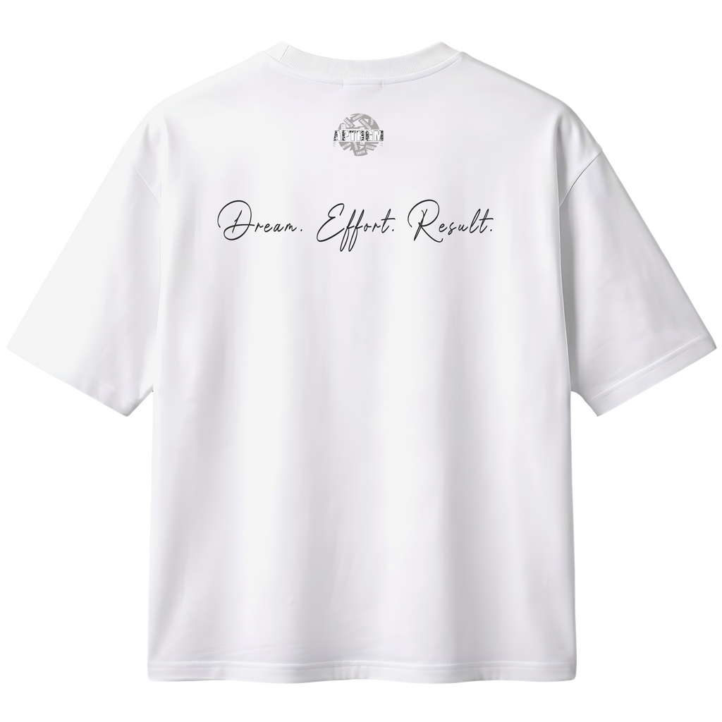 White t-shirt with text and logo on the back against a white background