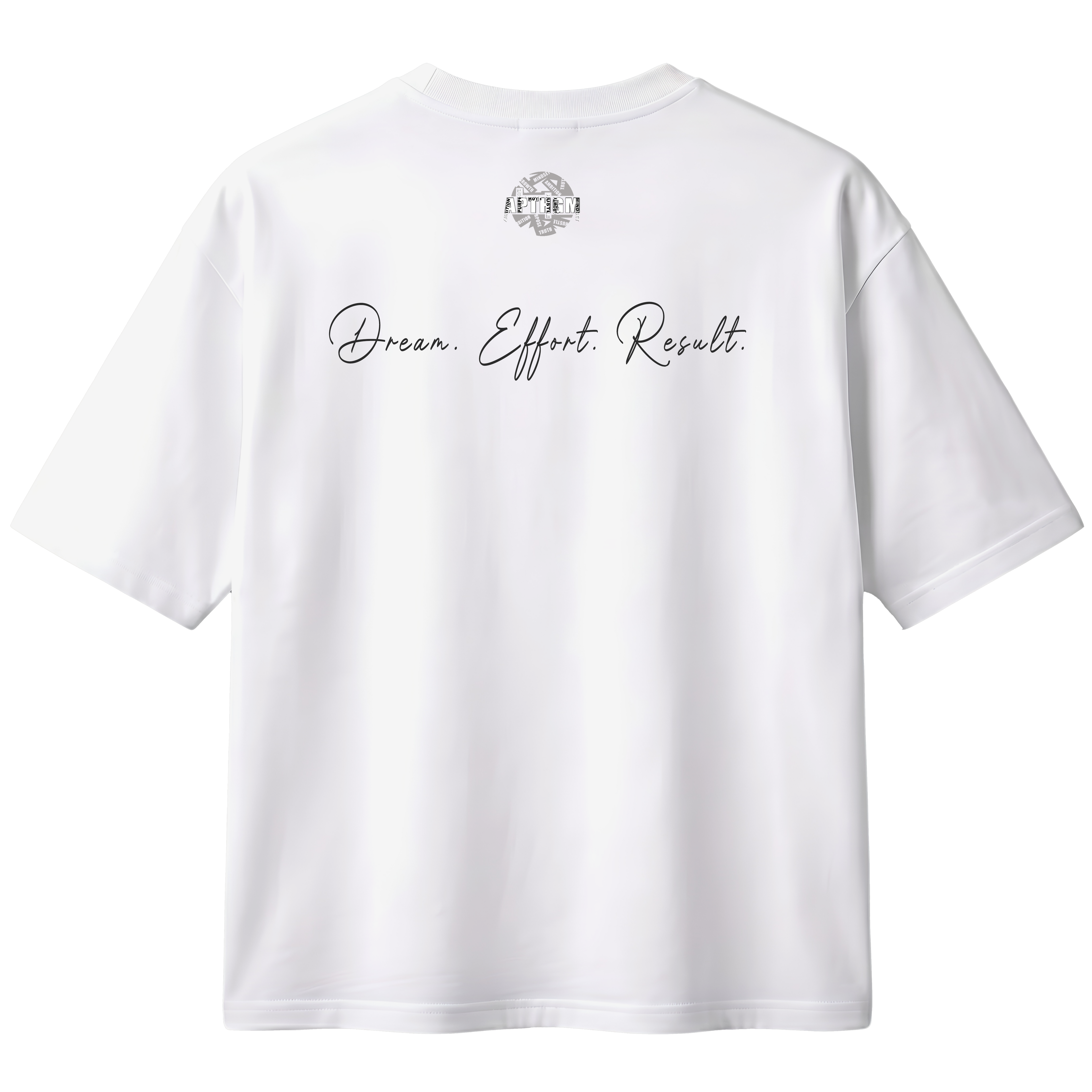 White t-shirt with text and logo on the back against a white background
