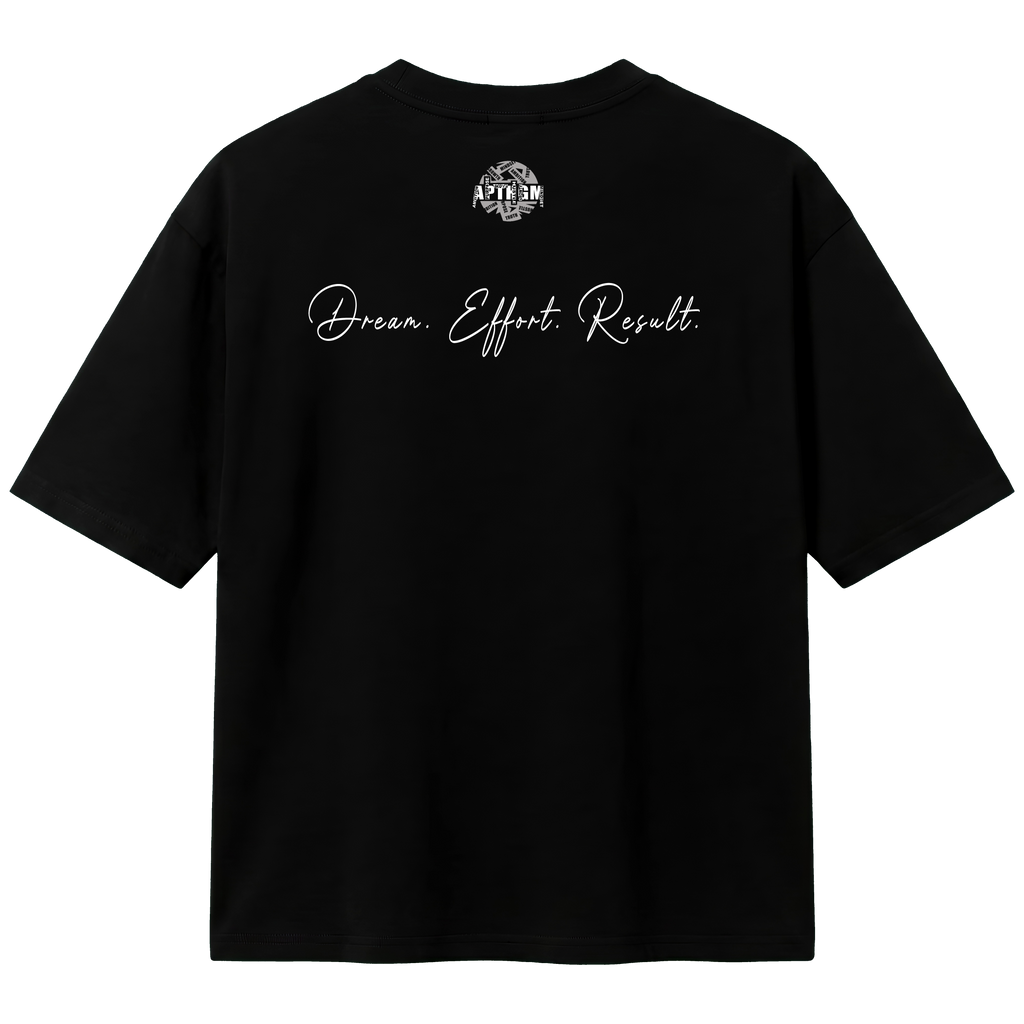 Black t-shirt with 'Dream. Effort. Result.' text on the back against a white background