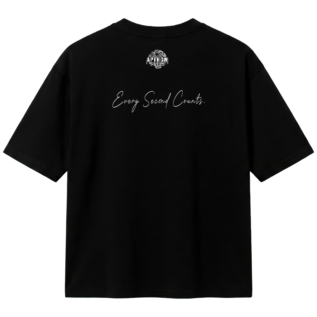 Black t-shirt with text and logo on a white background