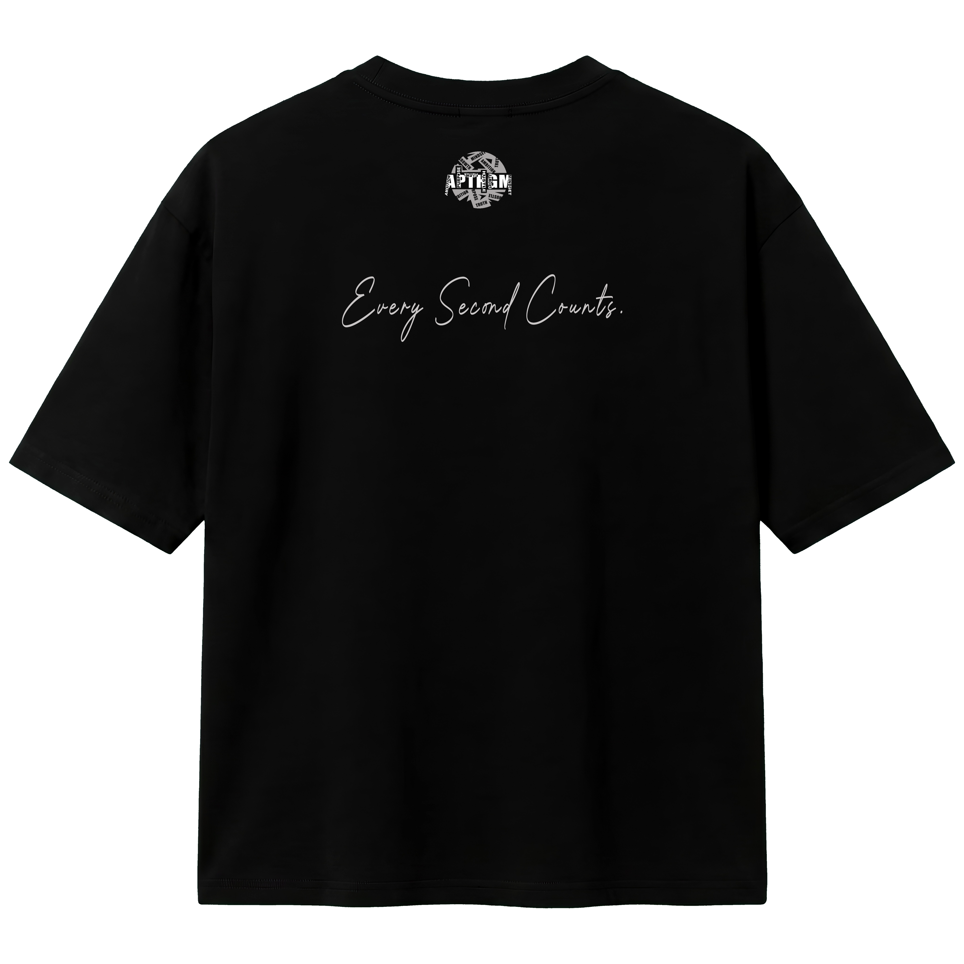Black t-shirt with text and logo on a white background