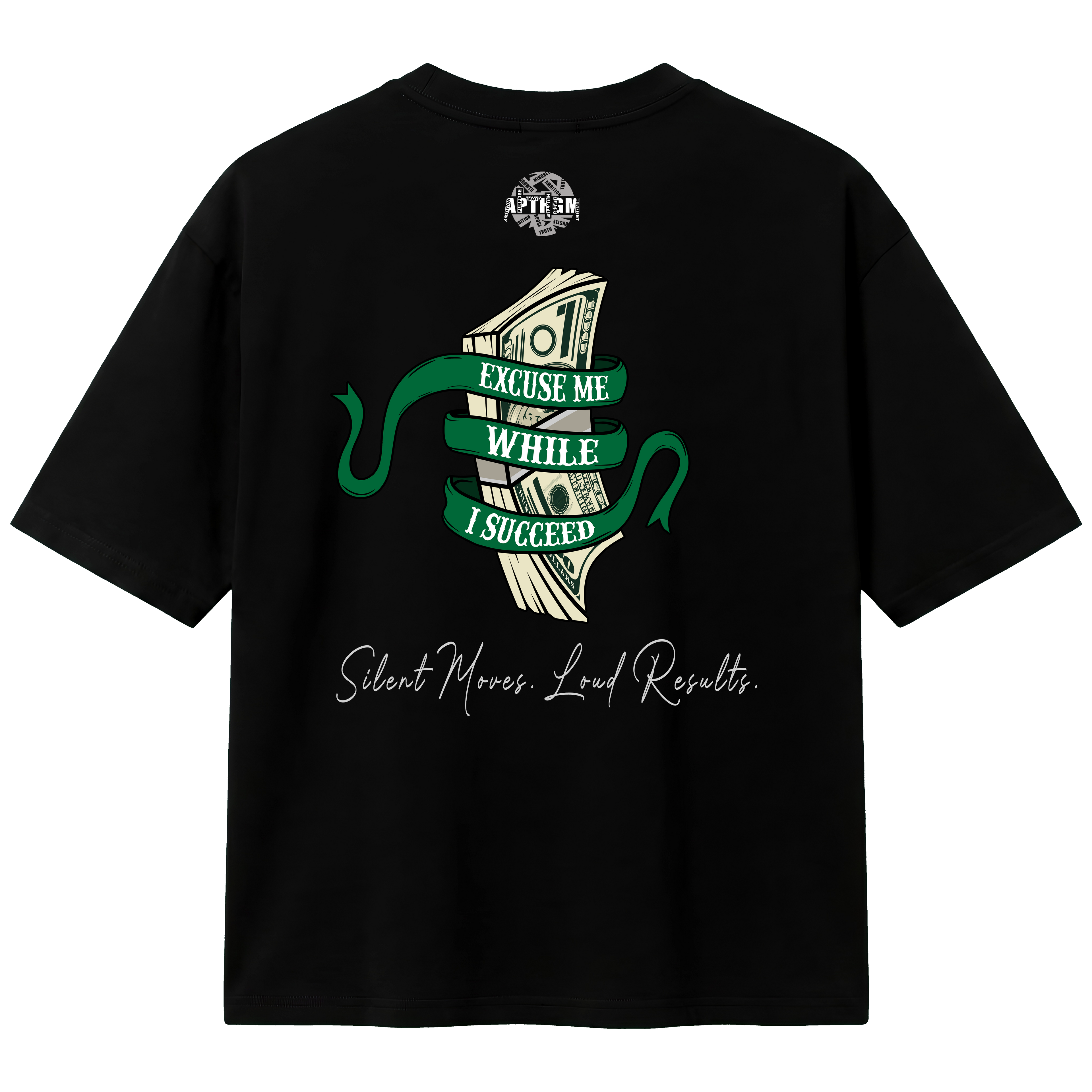 Black t-shirt with a graphic design on the back featuring money and text.