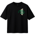 Black t-shirt with green and white graphic design on a white background