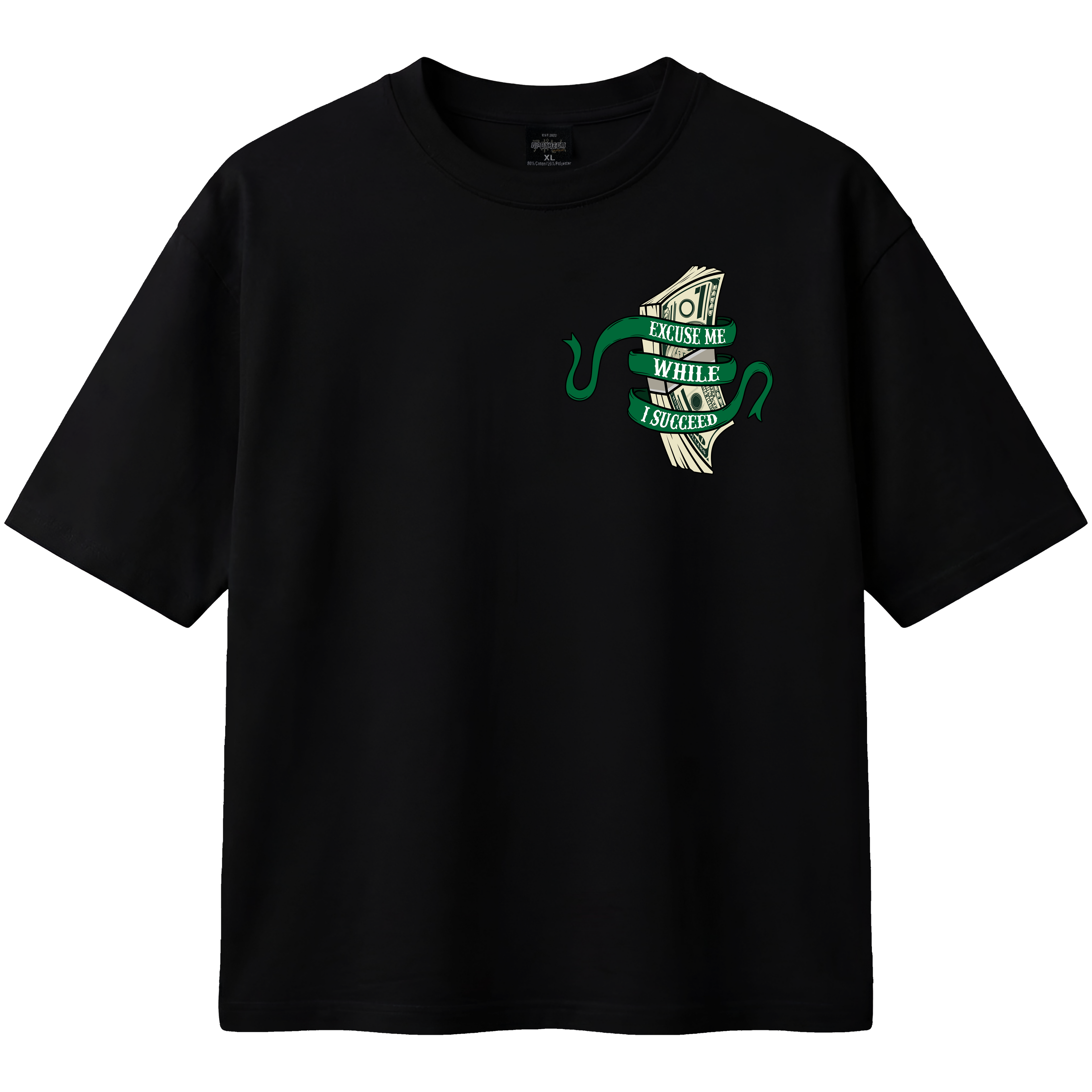 Black t-shirt with green and white graphic design on a white background