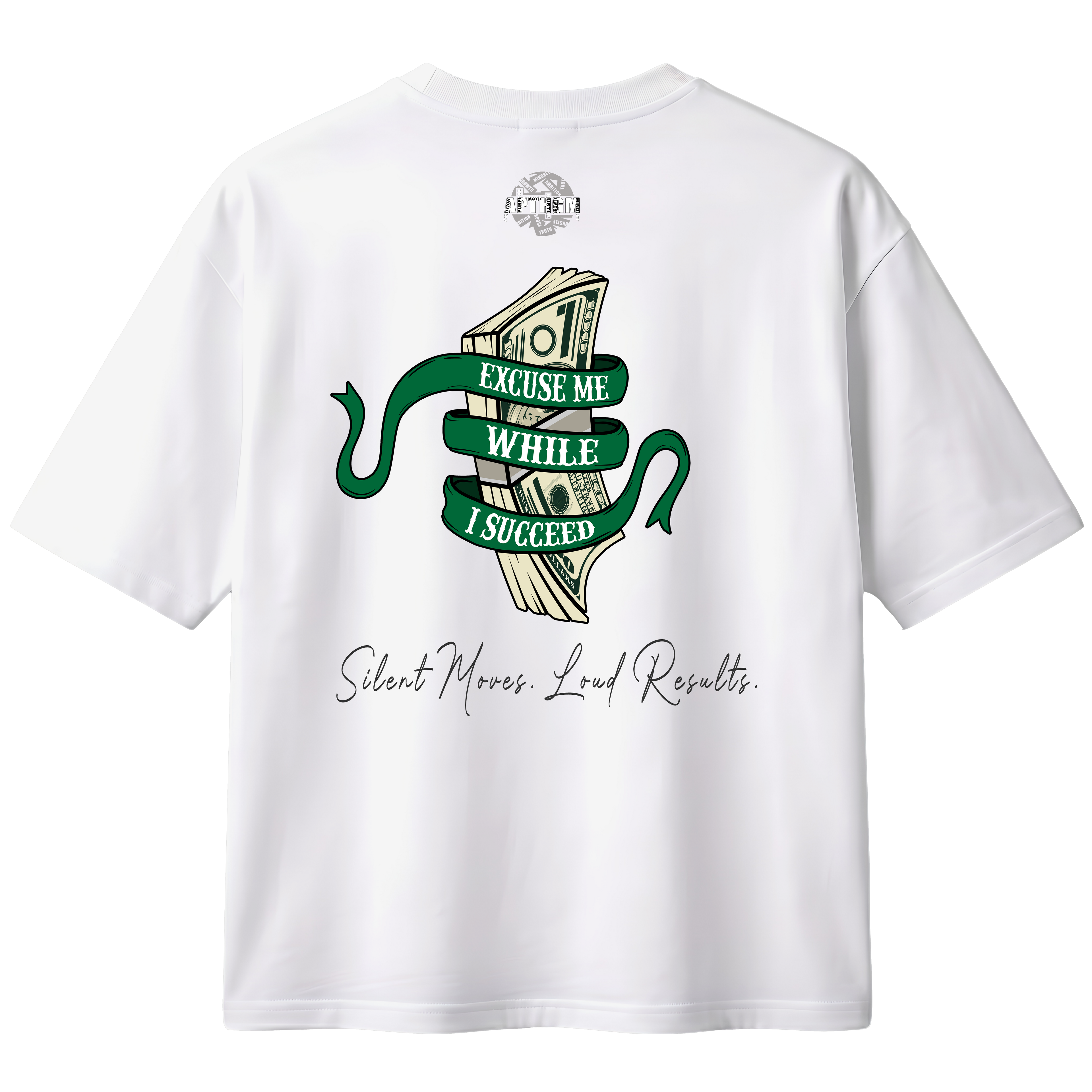 White t-shirt with green and black graphic design on a white background