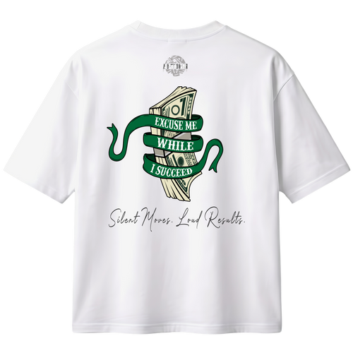 White t-shirt with green and black graphic design on a white backgroundEXCUSE ME TEE - WHITE