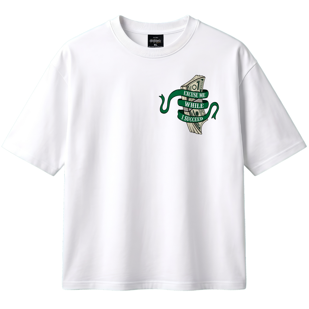 White t-shirt with green graphic design on a white background