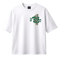 White t-shirt with green graphic design on a white background