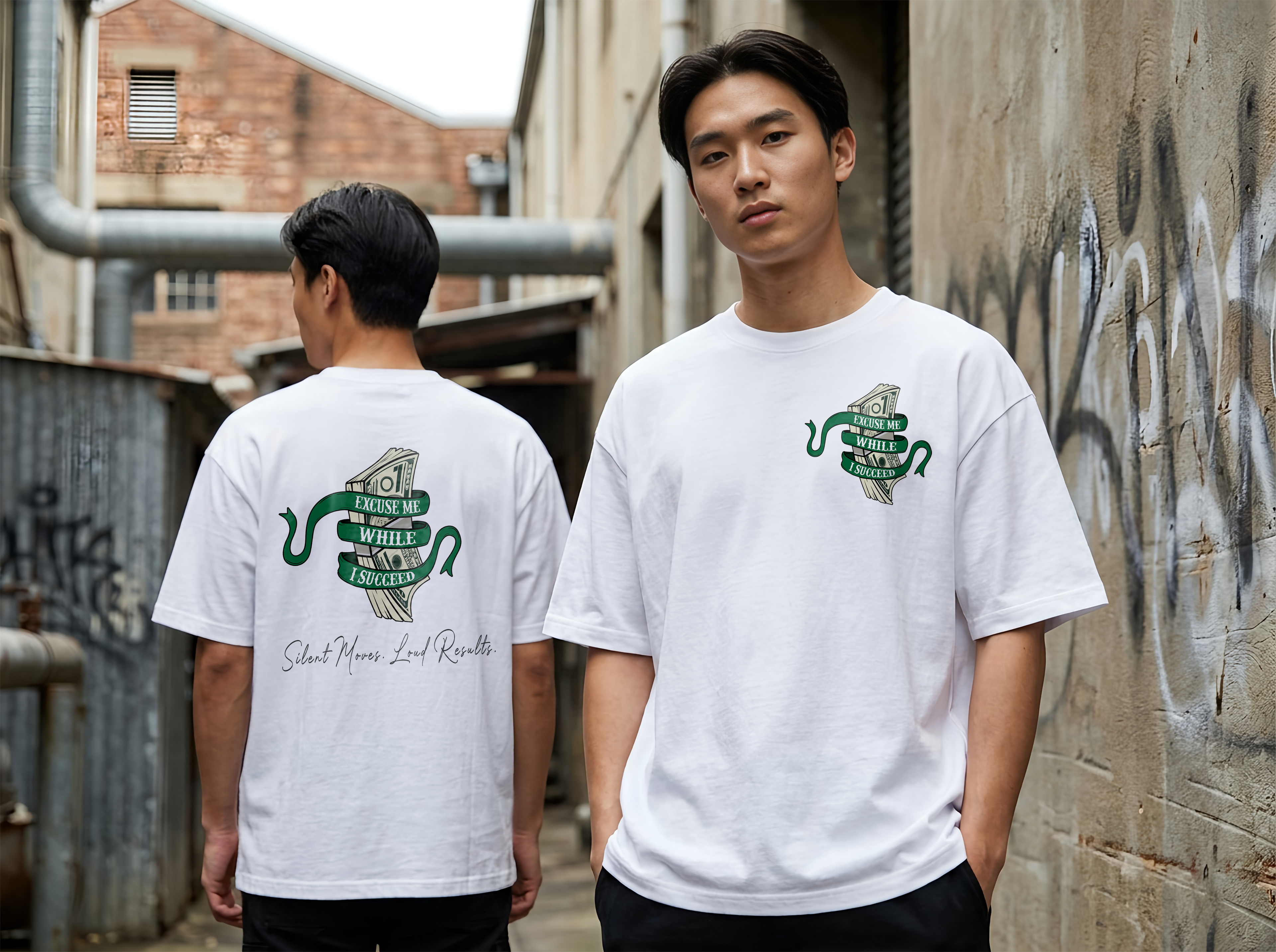 Two individuals wearing white t-shirts with green graphics in an urban setting.
