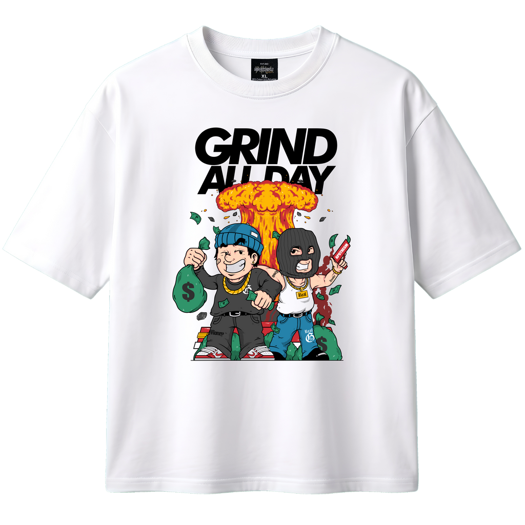 White t-shirt with graphic design featuring characters and 'Grind All Day' text on a white background