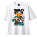 White t-shirt with graphic design featuring characters and 'Grind All Day' text on a white background