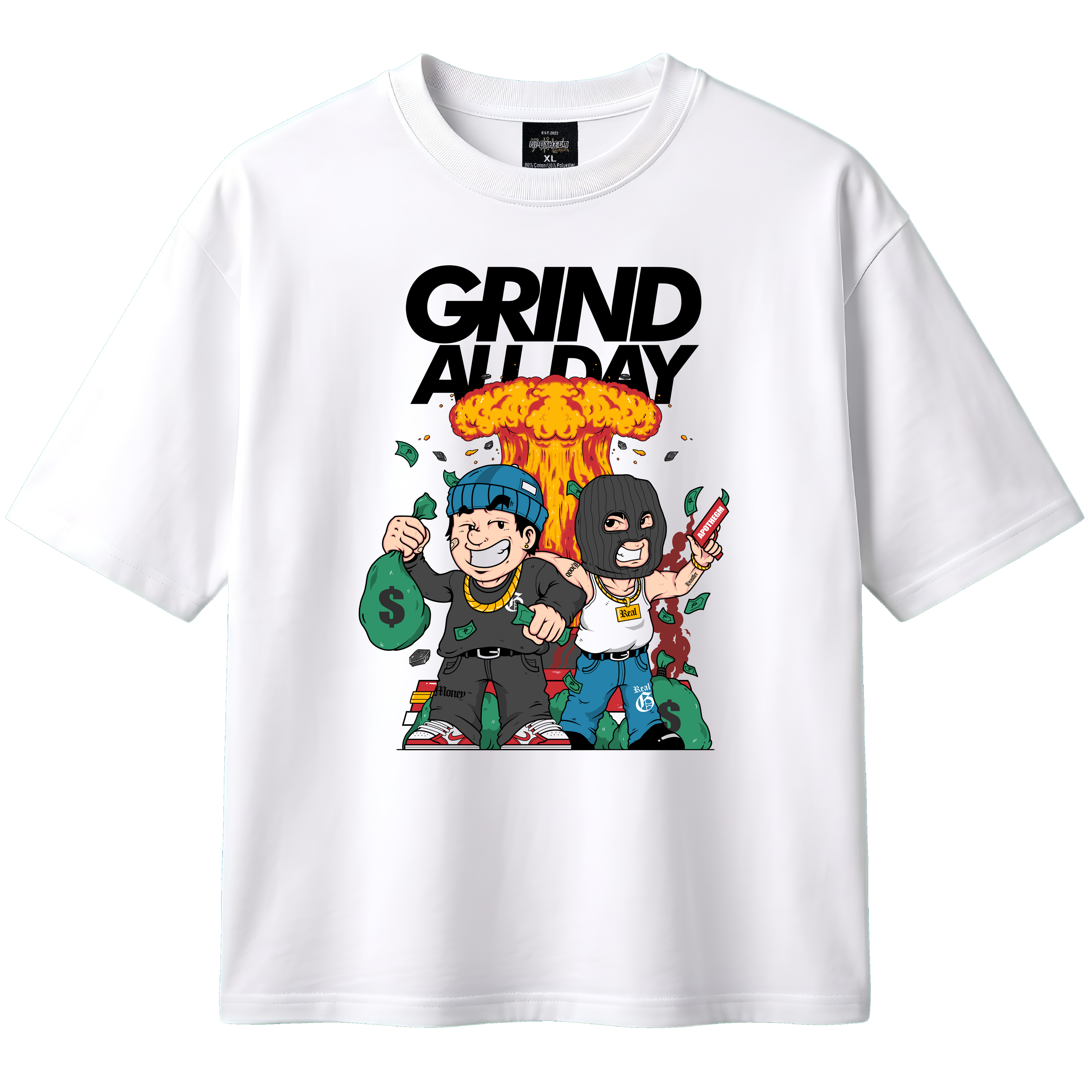 White t-shirt with graphic design featuring characters and 'Grind All Day' text on a white background