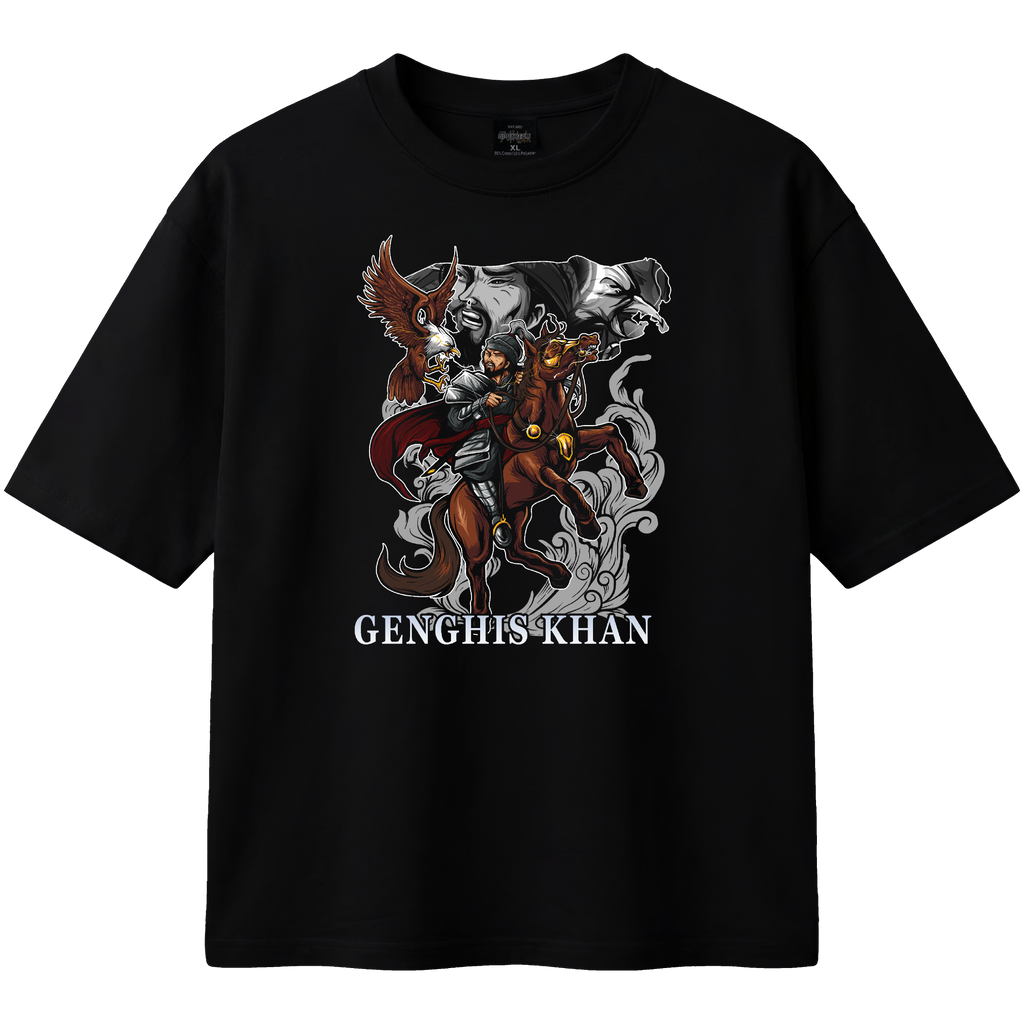 Black t-shirt with Genghis Khan graphic design on a white background