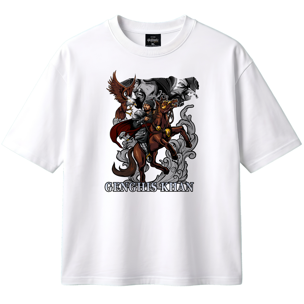 White t-shirt with a graphic design of a person on horseback and an eagle, with 'Genghis Khan' text, on a white background.