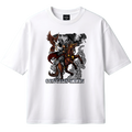 White t-shirt with a graphic design of a person on horseback and an eagle, with 'Genghis Khan' text, on a white background.