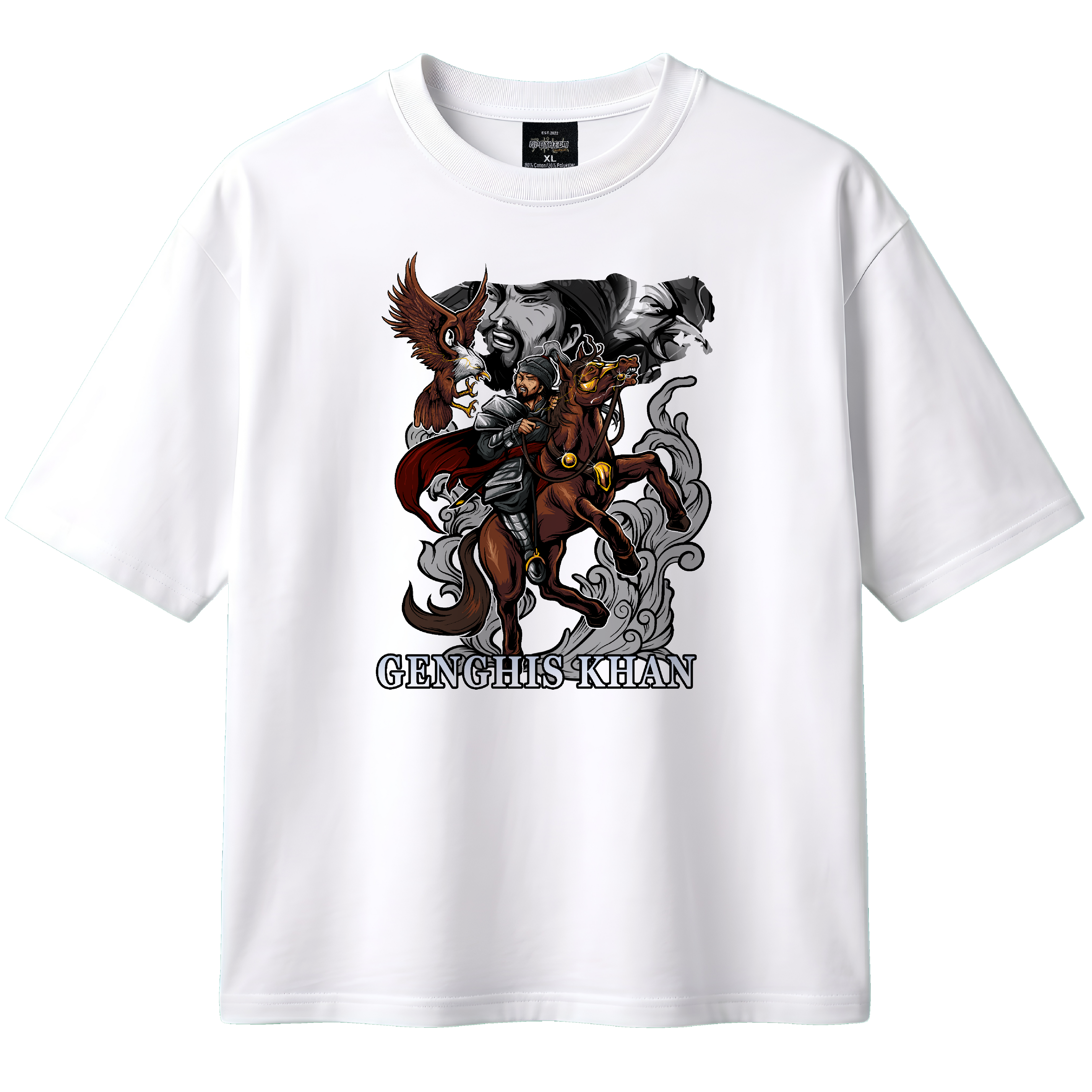 White t-shirt with a graphic design of a person on horseback and an eagle, with 'Genghis Khan' text, on a white background.
