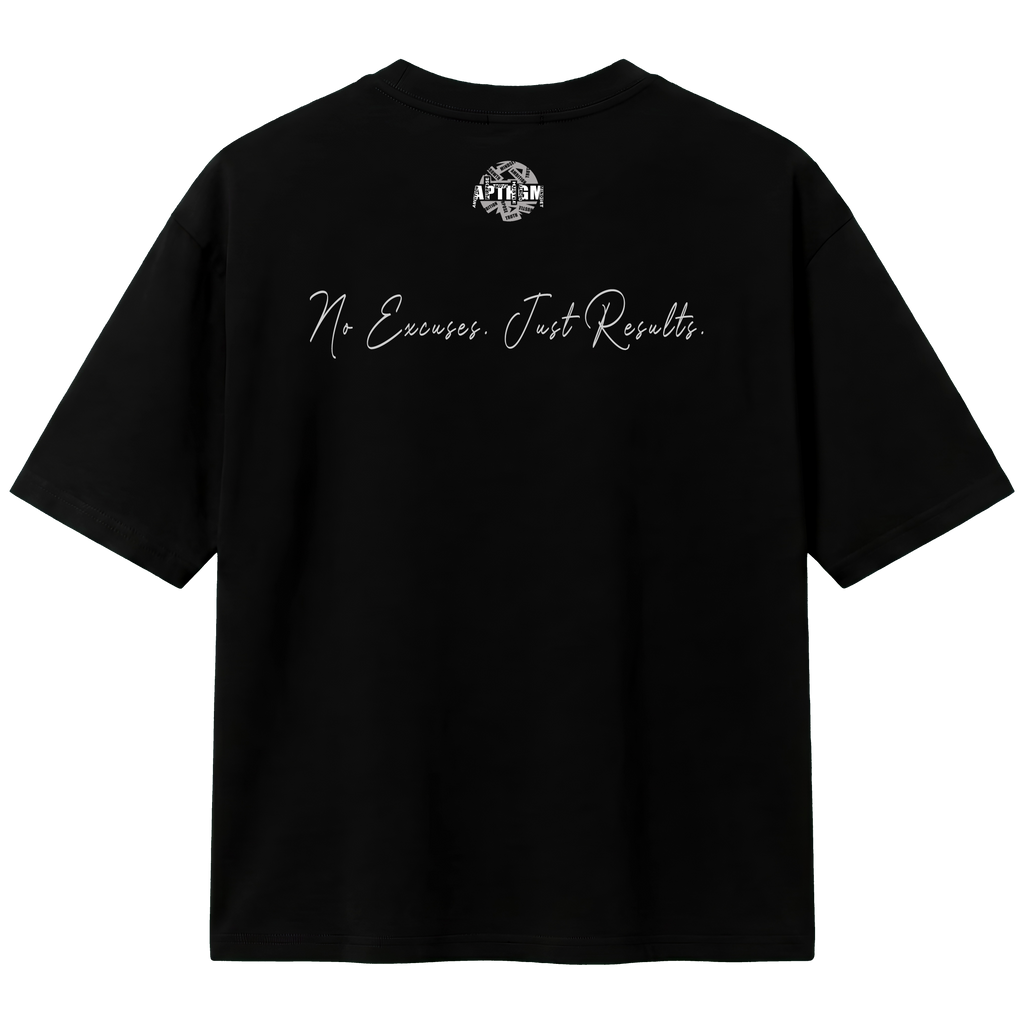 Black t-shirt with 'No Excuses. Just Results.' text on a white background