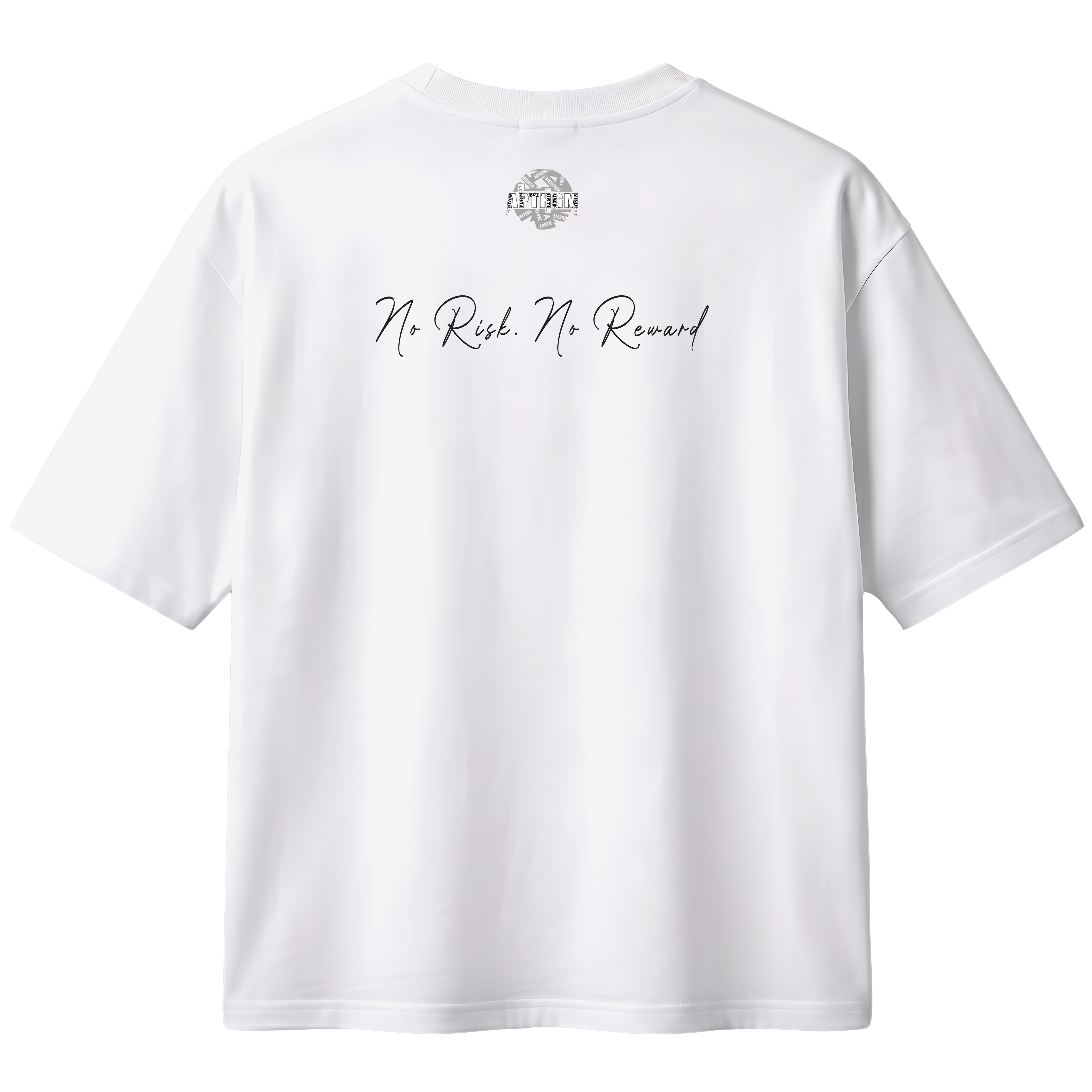 White t-shirt with text and logo on the back against a white background