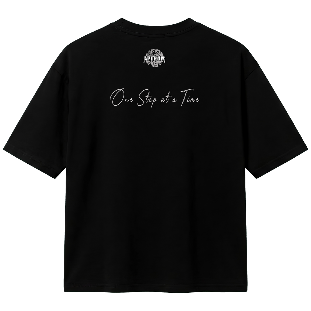 Black t-shirt with 'One Step at a Time' text on the back against a white background