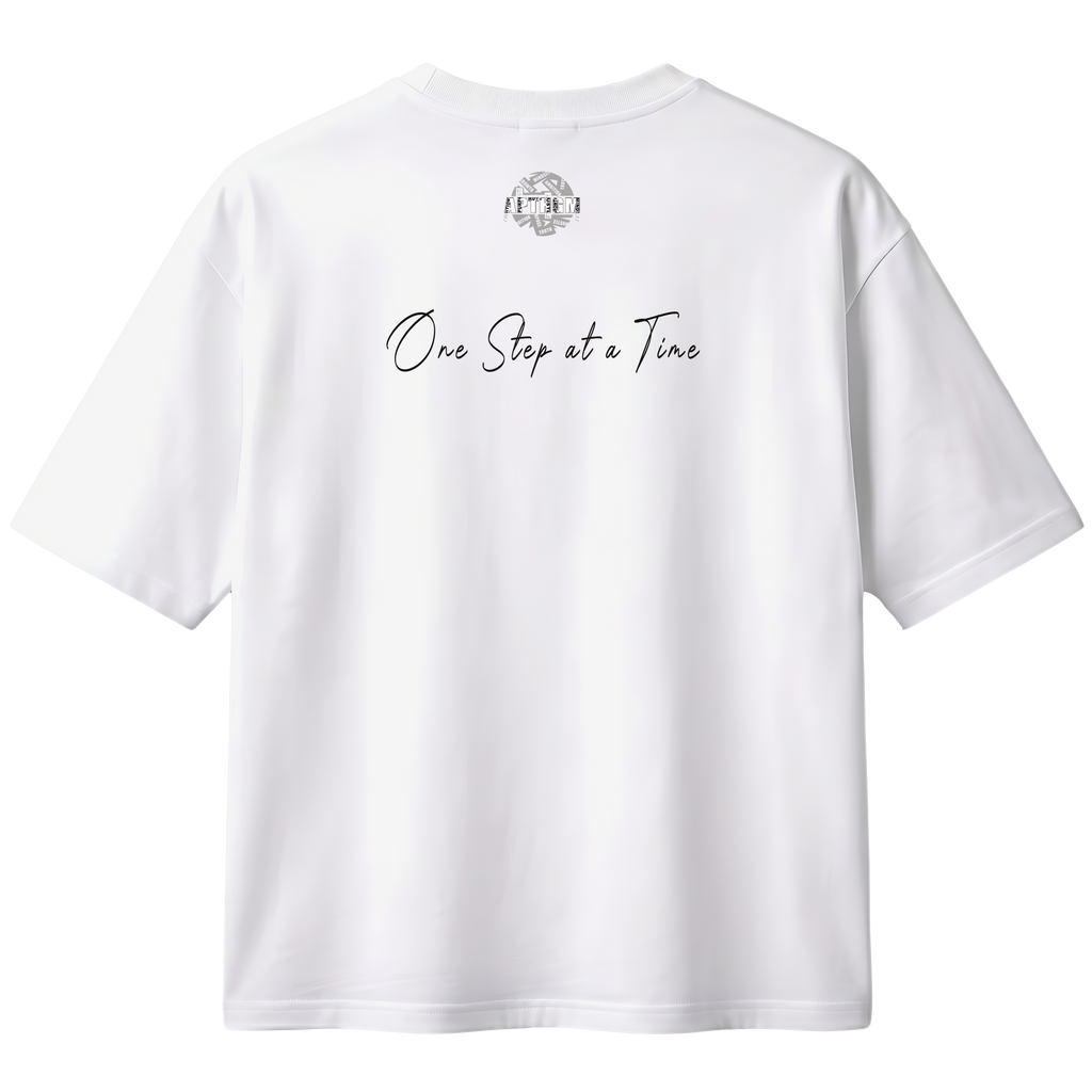 White t-shirt with text and logo on the back against a white background
