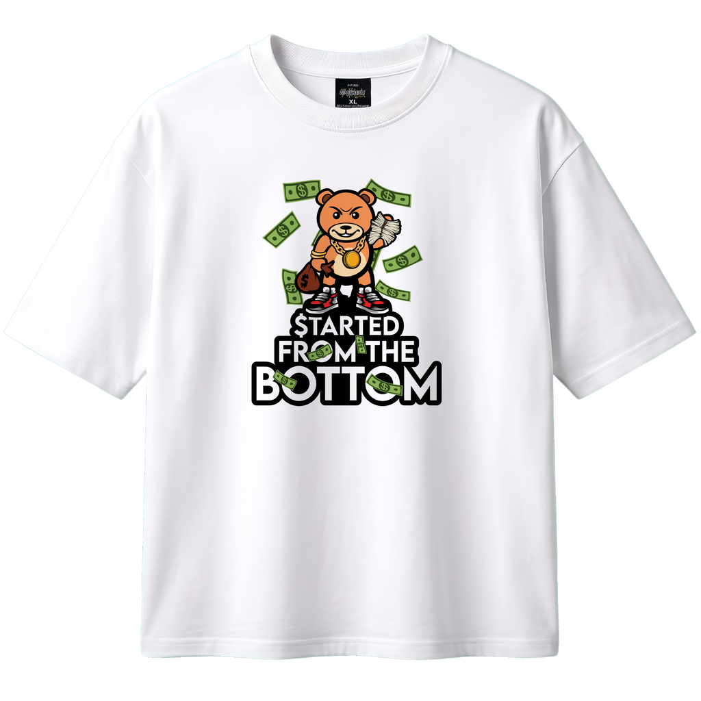 White t-shirt with a bear graphic and text on a white background