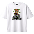 White t-shirt with a bear graphic and text on a white background