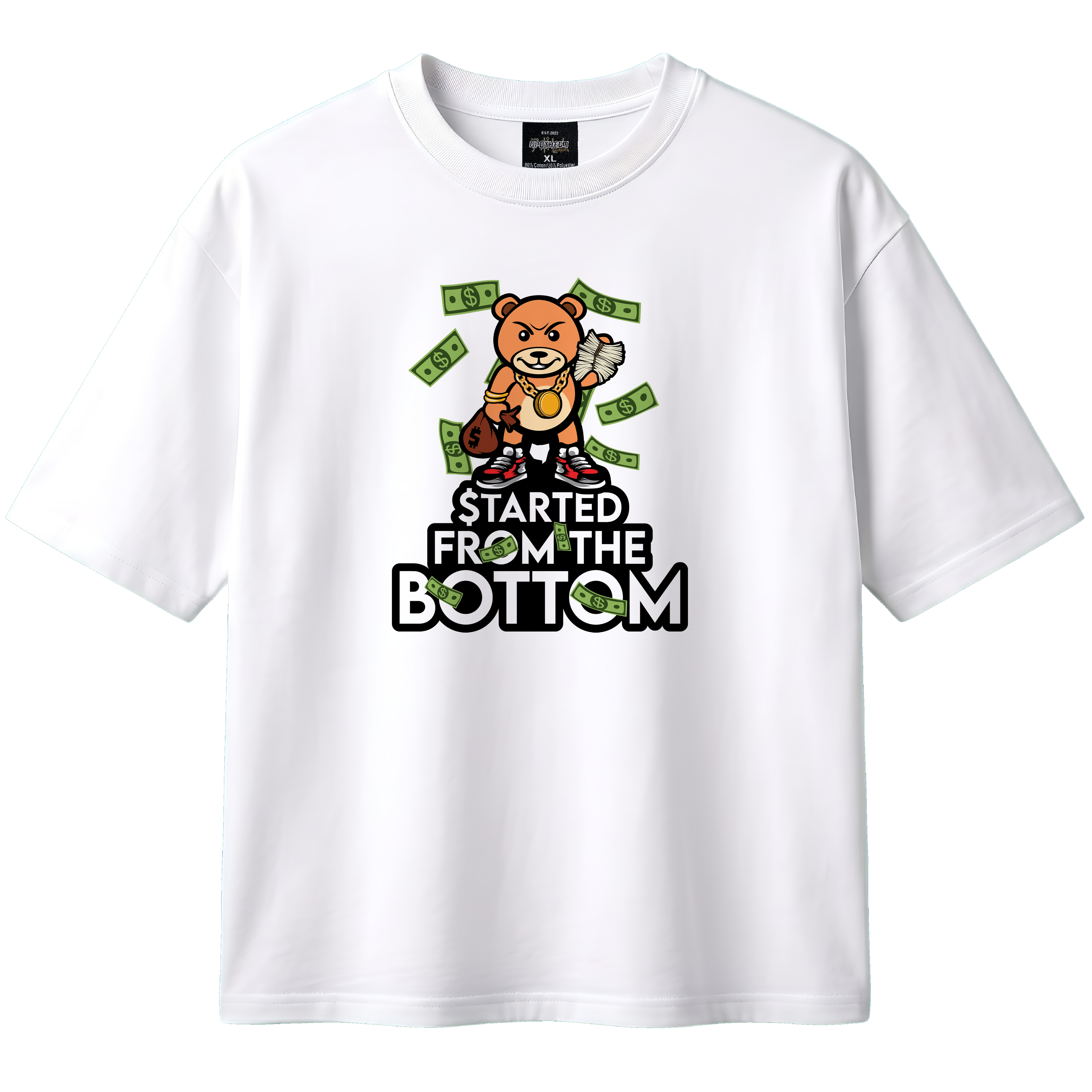 White t-shirt with a bear graphic and text on a white background