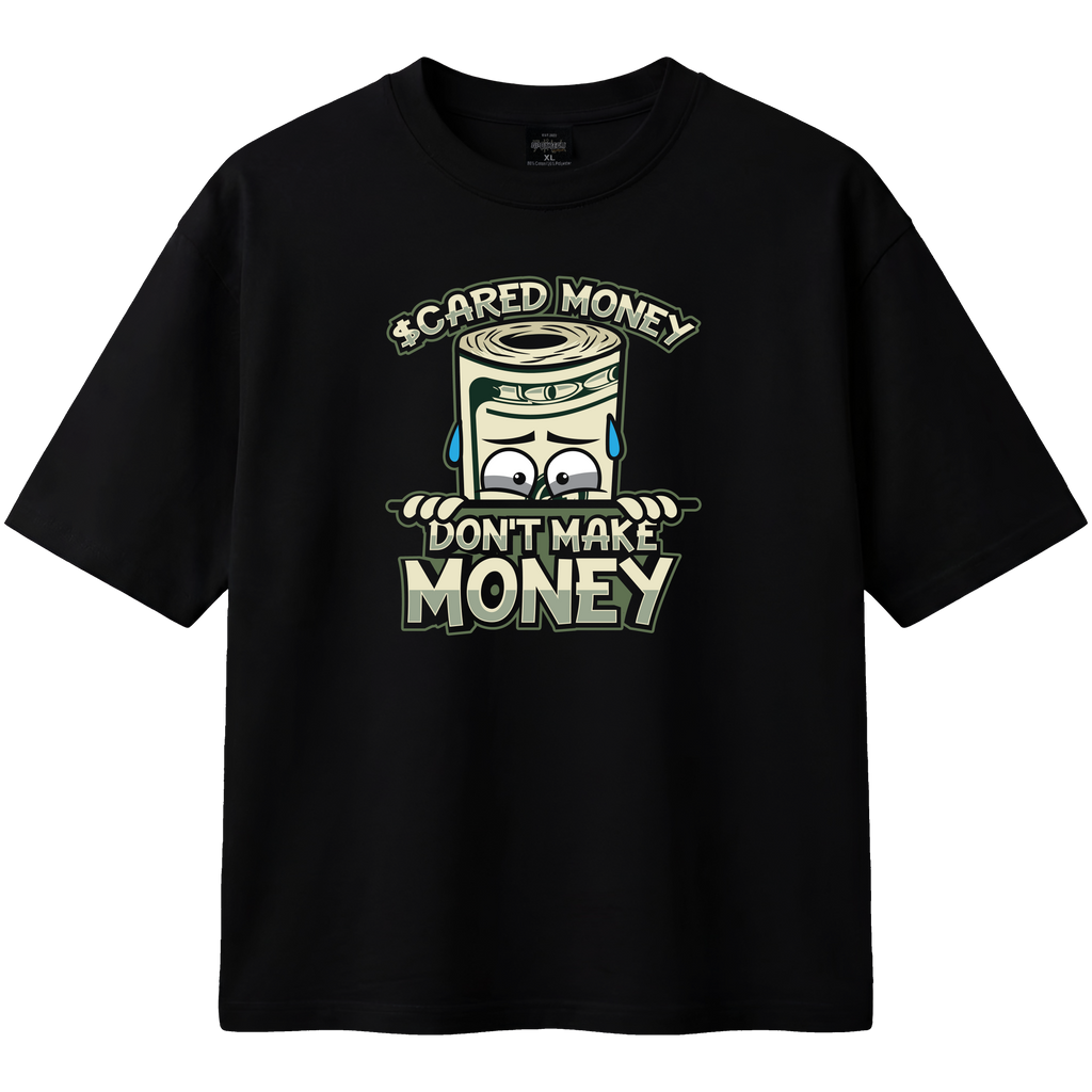 Black t-shirt with a graphic design of a money roll and text on a white background