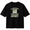 Black t-shirt with a graphic design of a money roll and text on a white background
