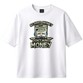 White t-shirt with a graphic design of a money roll and text on a white background