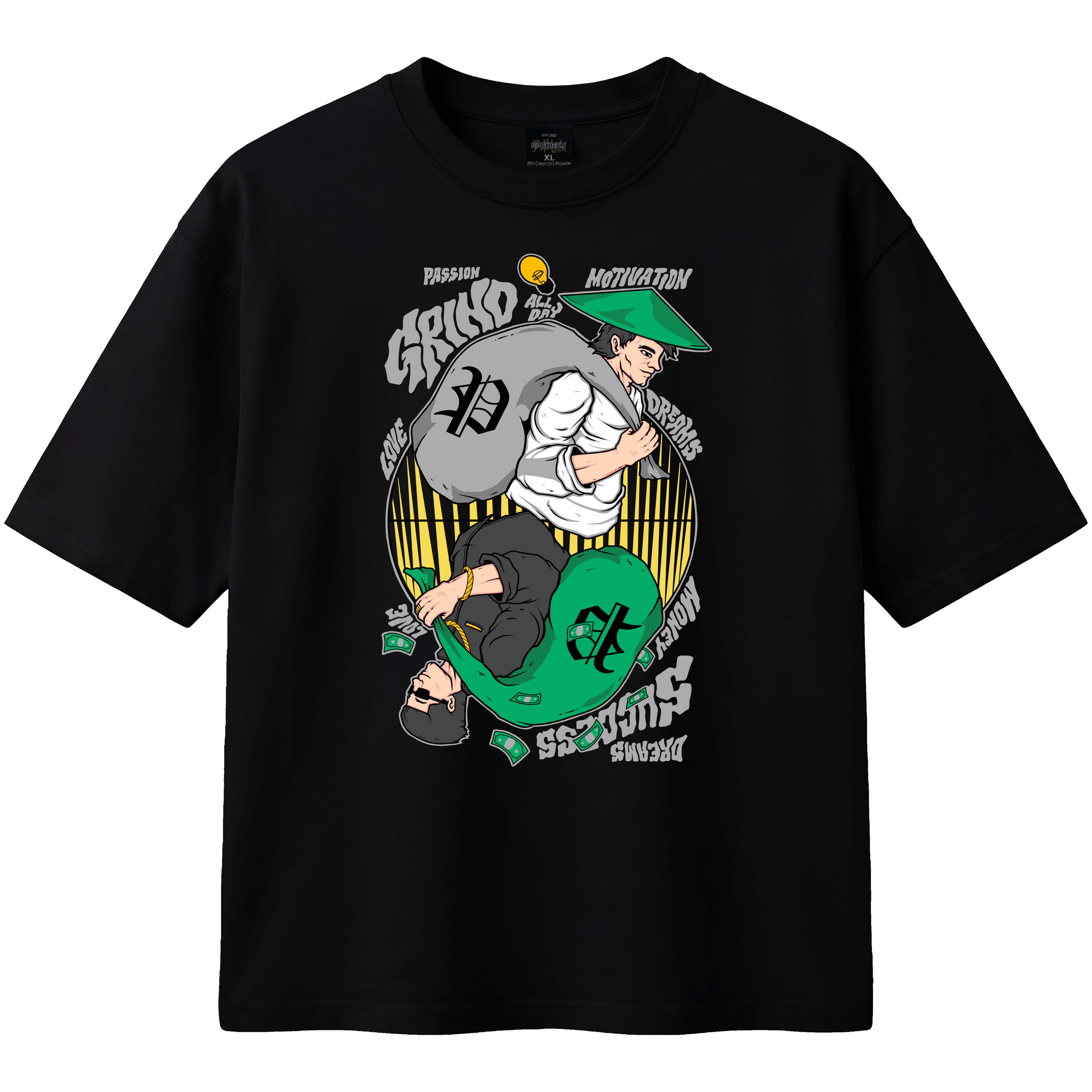 Black t-shirt with a graphic design featuring a person holding a green skateboard and text on a white background