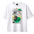 White t-shirt with a graphic design of a person with a backpack and green hat on a white background