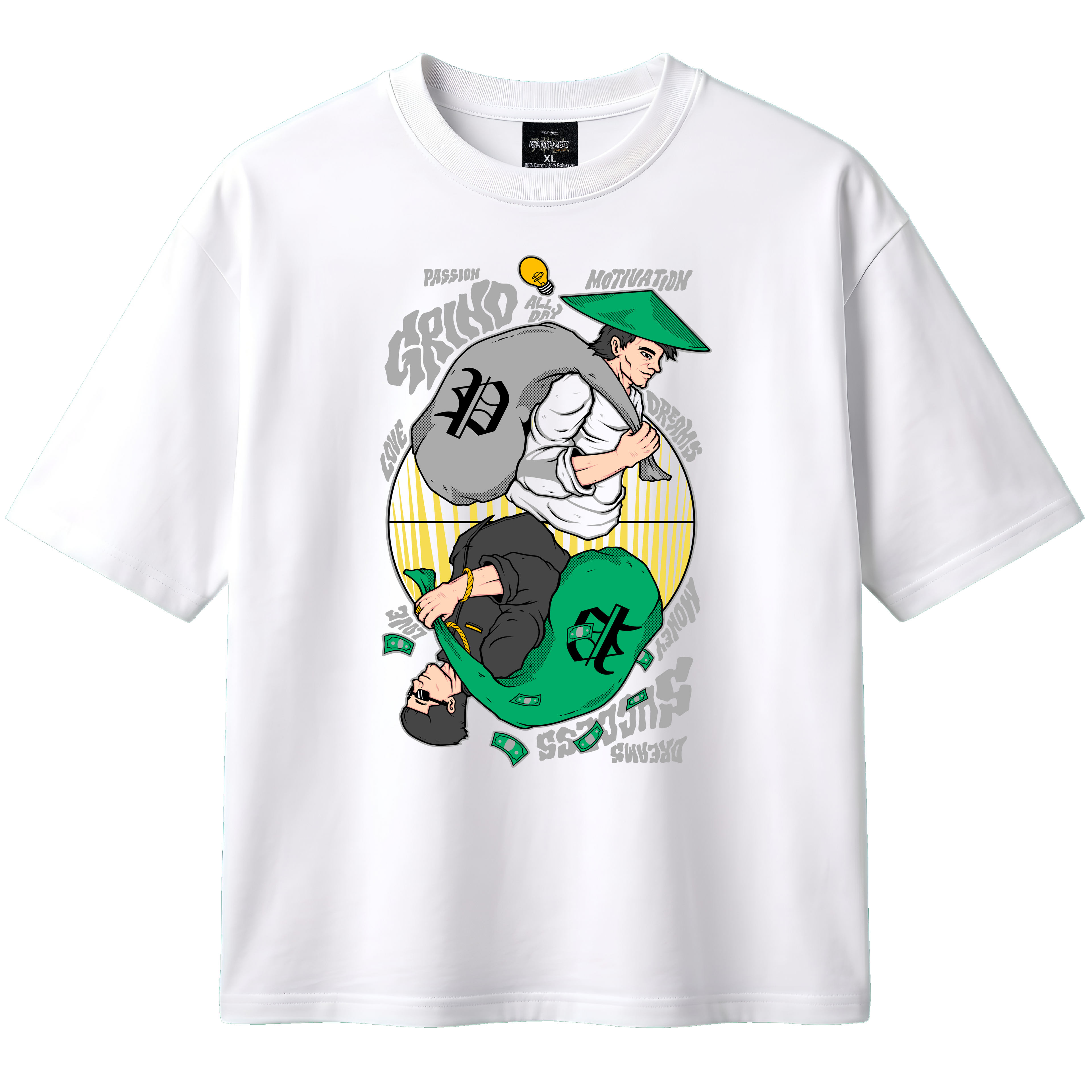 White t-shirt with a graphic design of a person with a backpack and green hat on a white background