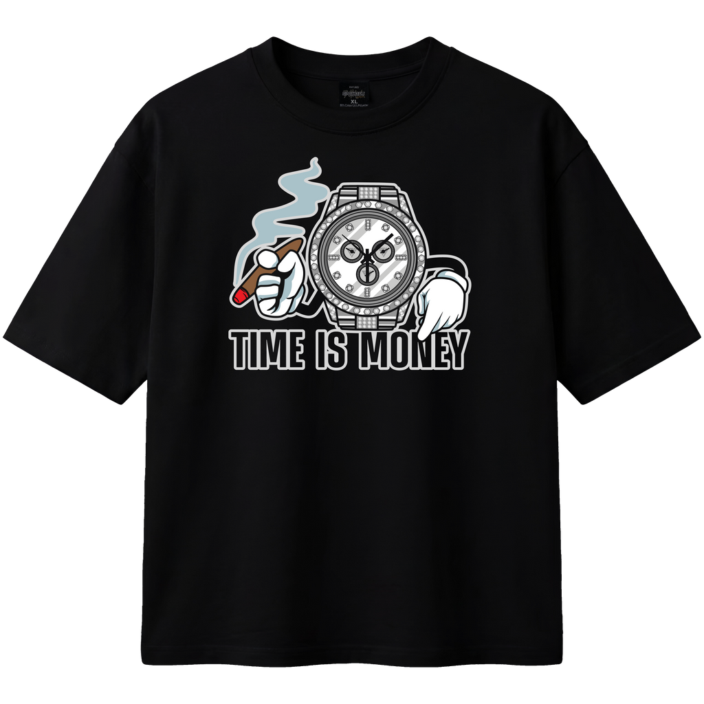 Black t-shirt with graphic design and 'Time is Money' text on a white background