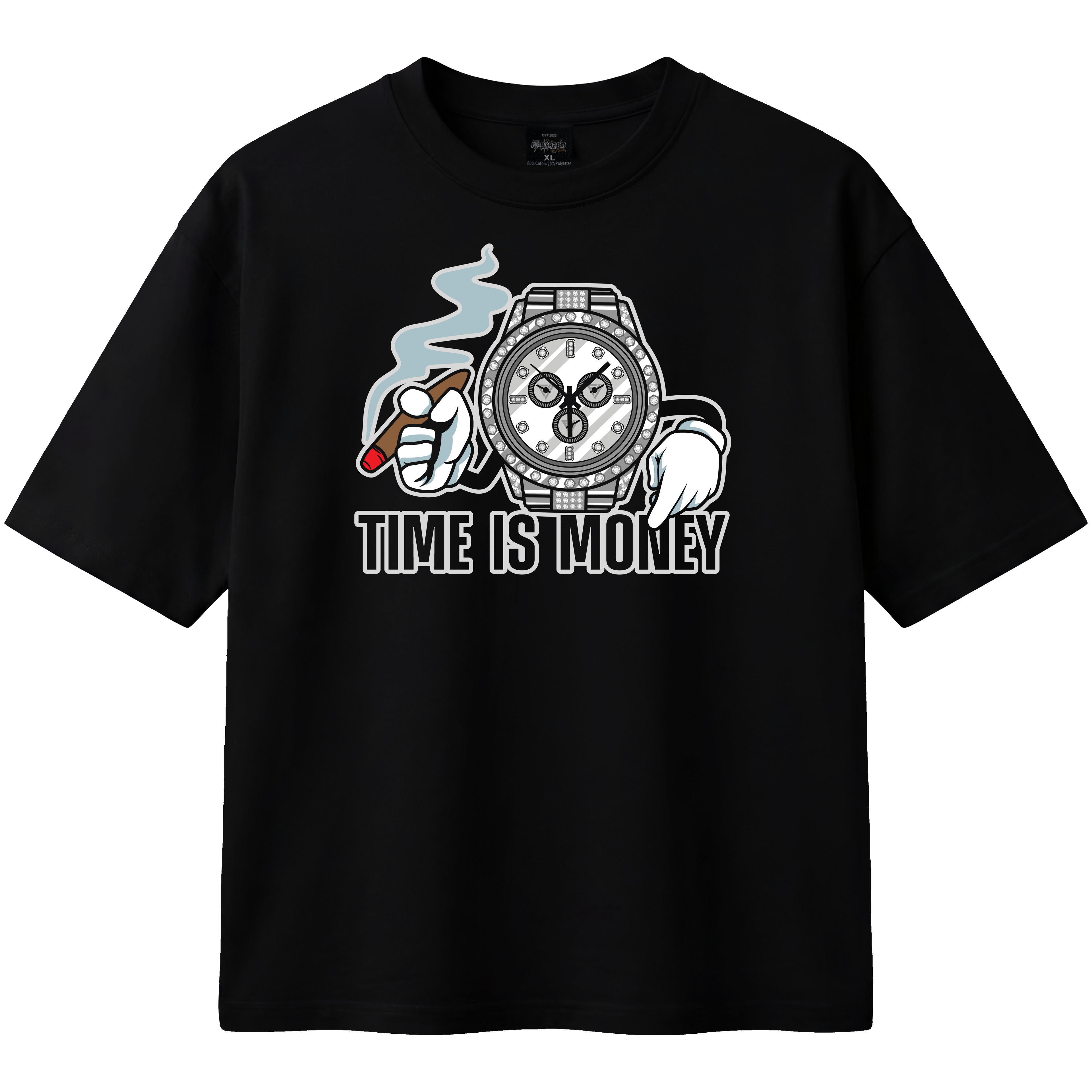 Black t-shirt with graphic design and 'Time is Money' text on a white background