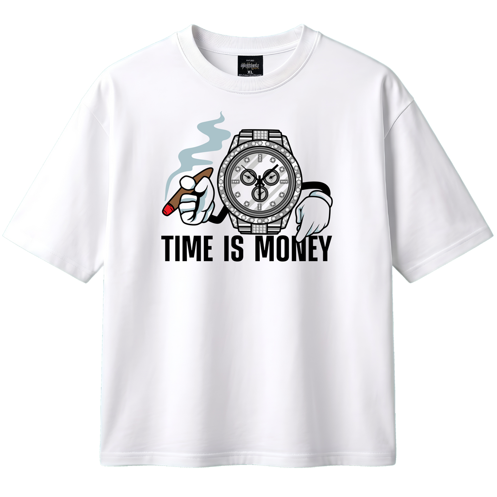White t-shirt with graphic design and 'Time is Money' text on a white background