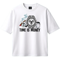 White t-shirt with graphic design and 'Time is Money' text on a white background