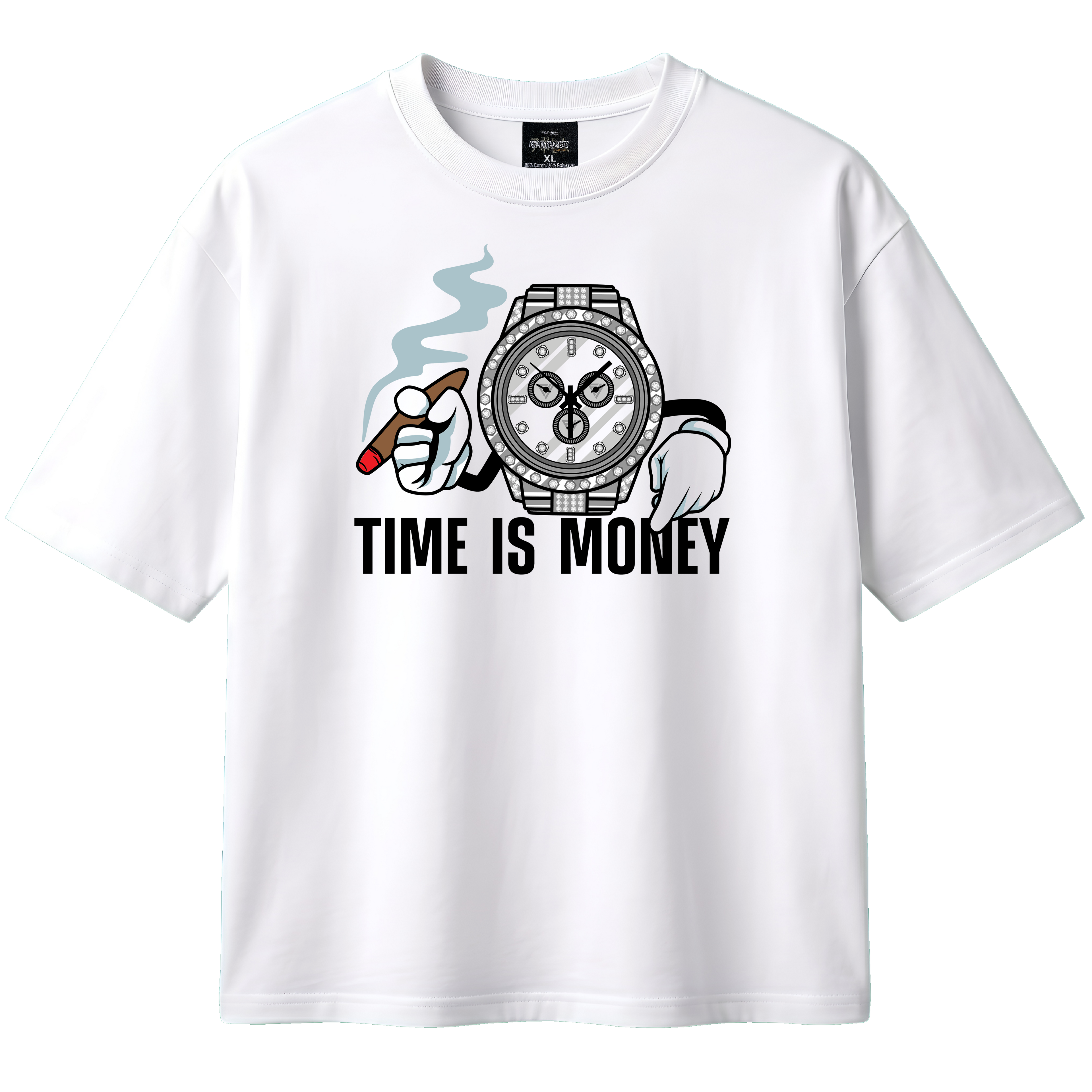 White t-shirt with graphic design and 'Time is Money' text on a white background