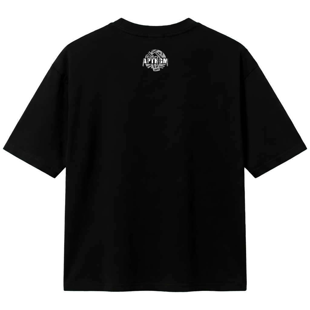 Black t-shirt with a logo on the back against a white background