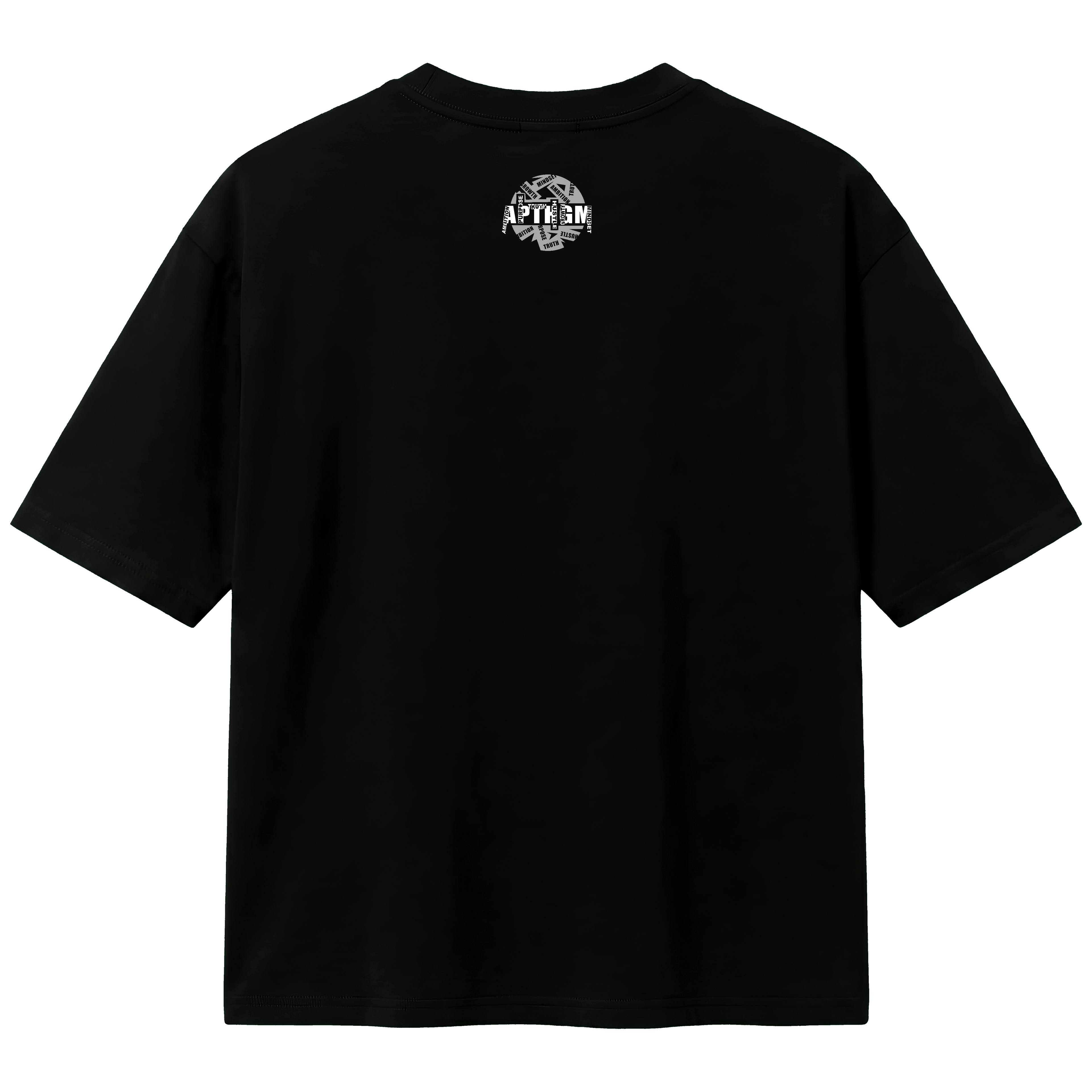 Black t-shirt with a logo on the back against a white background